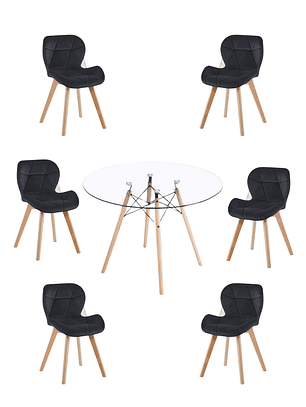Comedor Mesa Redonda Vidrio Eames 120 cm + Sillas Radar Velvet