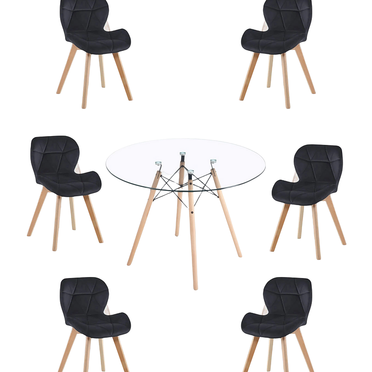 Comedor Mesa Redonda Vidrio Eames 120 cm + Sillas Radar Velvet 2