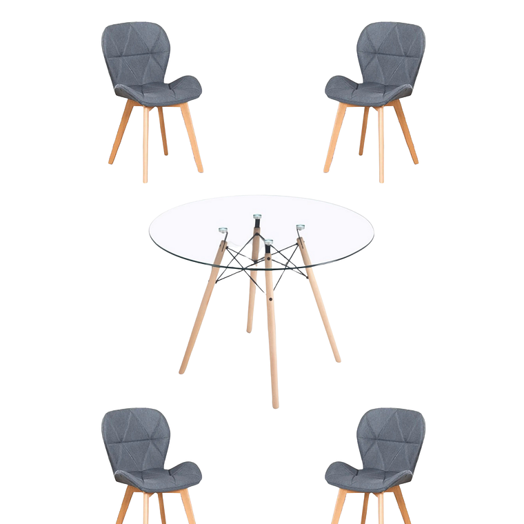 Comedor Mesa Redonda Vidrio Eames 120 cm + Sillas Radar Velvet 3