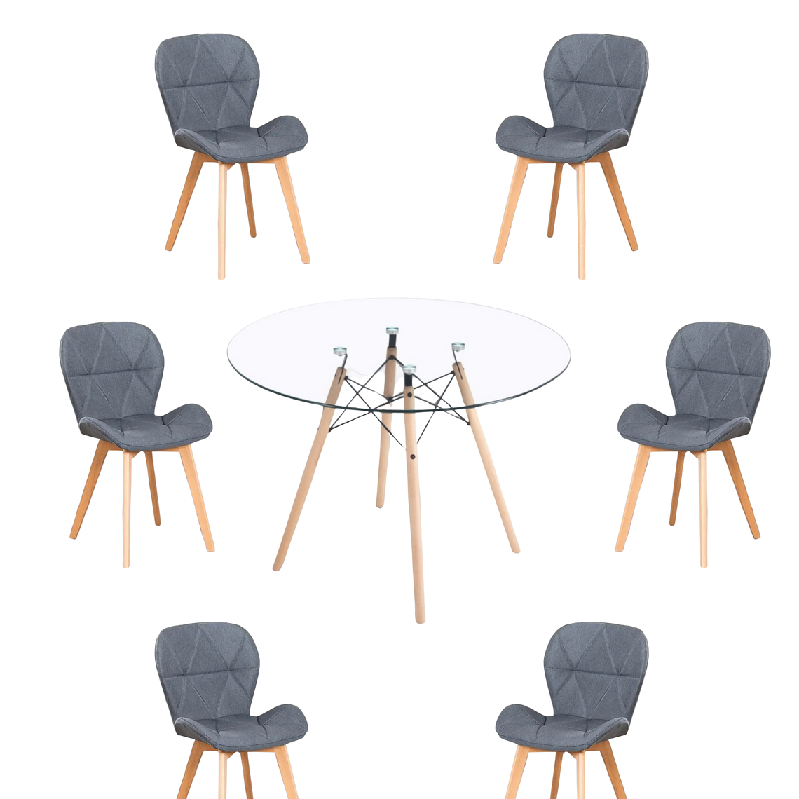 Comedor Mesa Redonda Vidrio Eames 120 cm + Sillas Radar Velvet 4