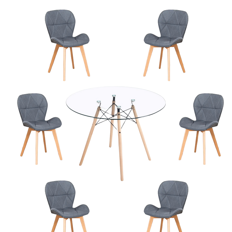 Comedor Mesa Redonda Vidrio Eames 120 cm + Sillas Radar Velvet 4