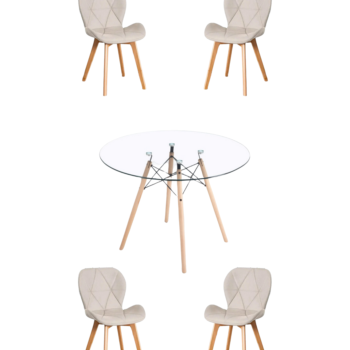 Comedor Mesa Redonda Vidrio Eames 120 cm + Sillas Radar Velvet 5