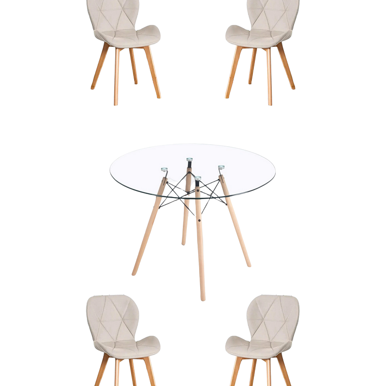 Comedor Mesa Redonda Vidrio Eames 120 cm + Sillas Radar Velvet 5