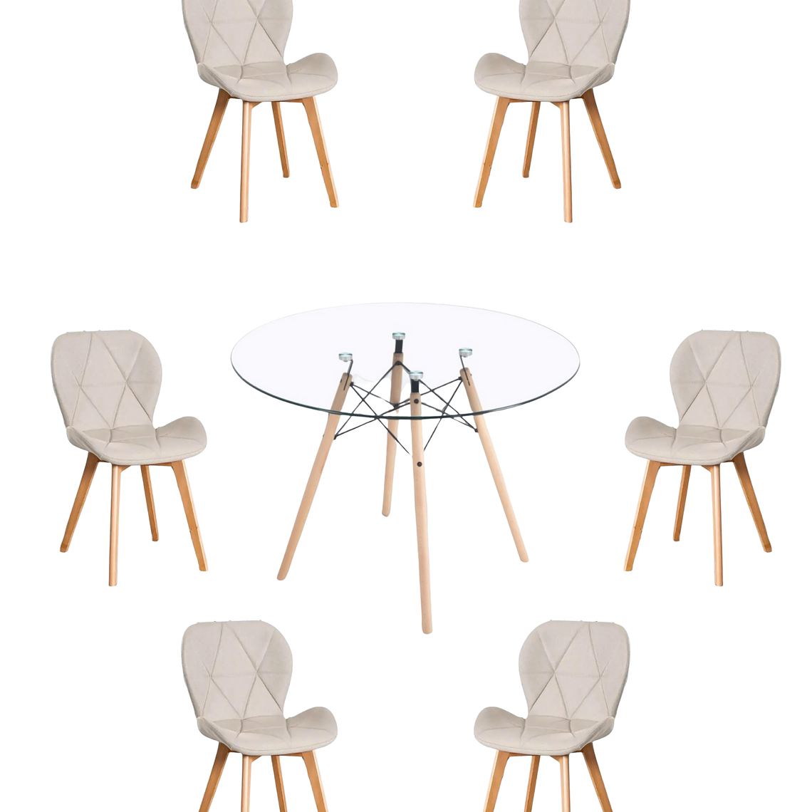 Comedor Mesa Redonda Vidrio Eames 120 cm + Sillas Radar Velvet 6