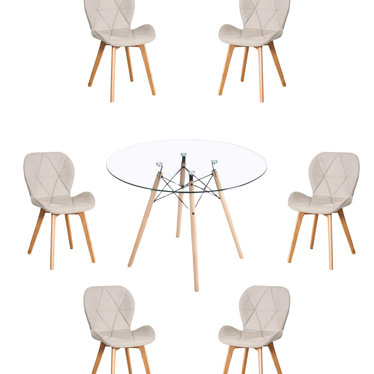 Comedor Mesa Redonda Vidrio Eames 120 cm + Sillas Radar Velvet 6