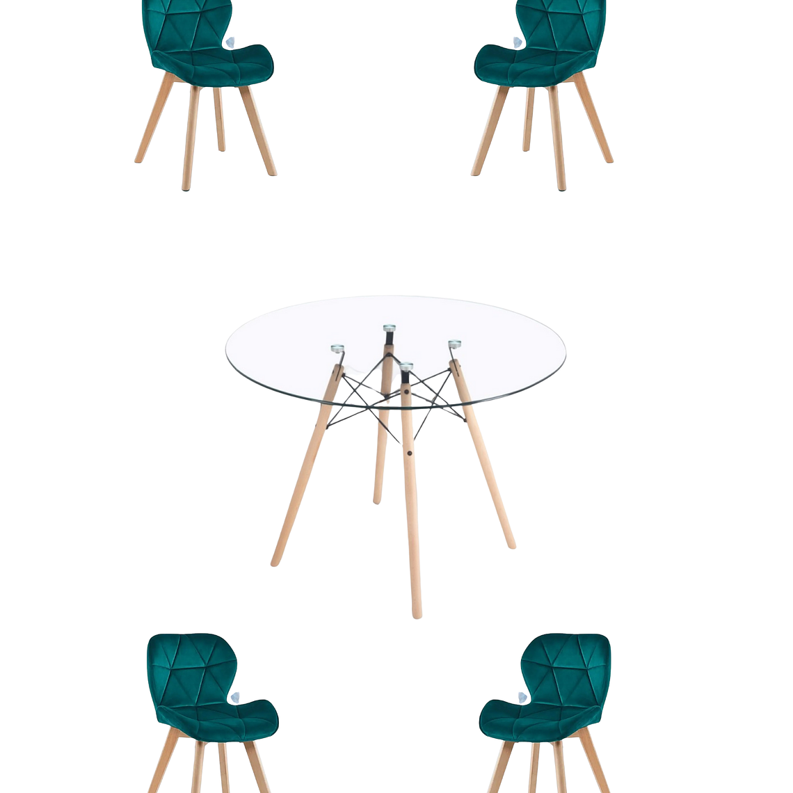 Comedor Mesa Redonda Vidrio Eames 120 cm + Sillas Radar Velvet 7