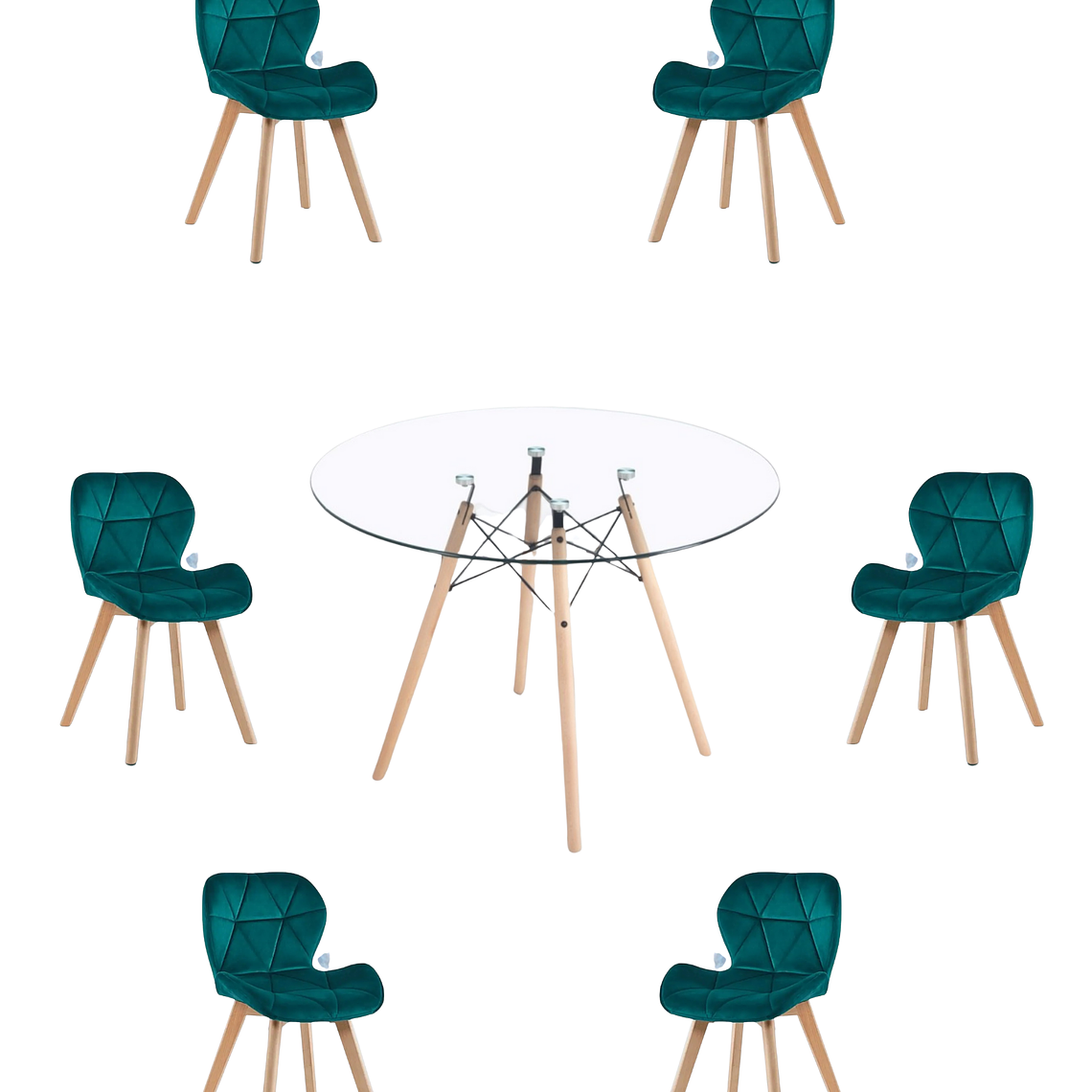 Comedor Mesa Redonda Vidrio Eames 120 cm + Sillas Radar Velvet 8