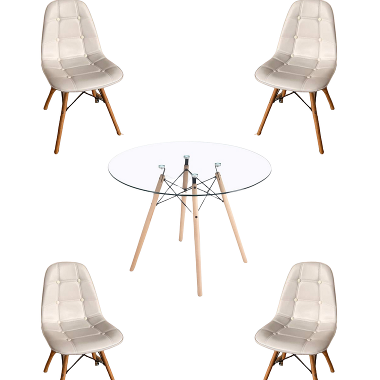 Comedor Mesa Redonda Vidrio Eames 120 cm + Sillas Buckle 1