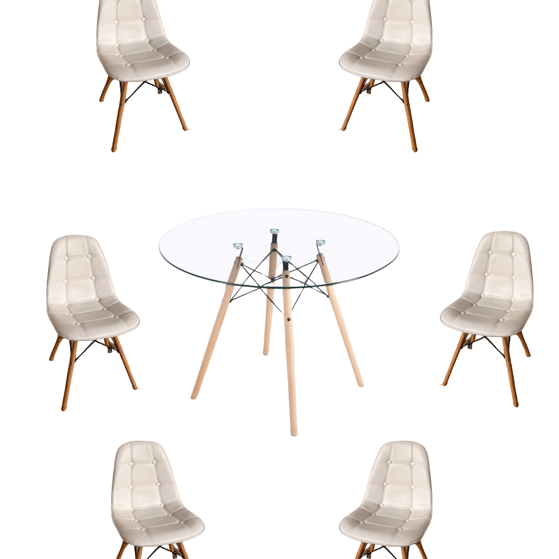 Comedor Mesa Redonda Vidrio Eames 120 cm + Sillas Buckle 2
