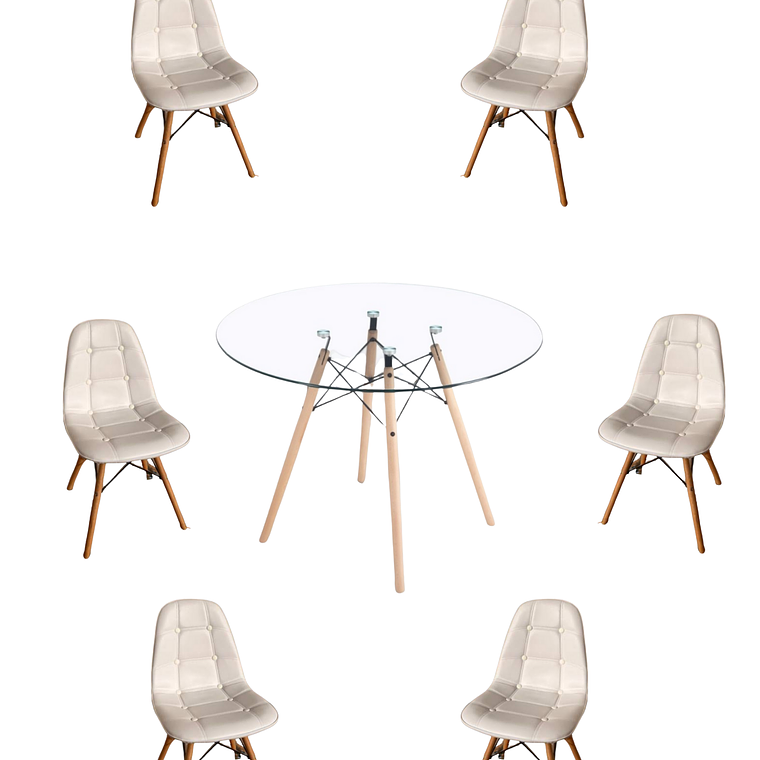 Comedor Mesa Redonda Vidrio Eames 120 cm + Sillas Buckle 2