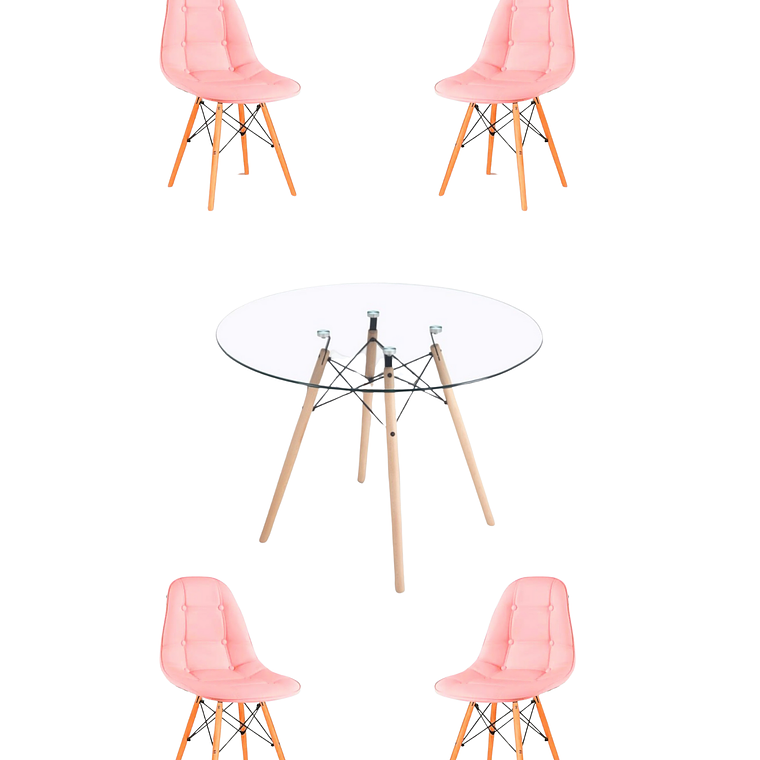 Comedor Mesa Redonda Vidrio Eames 120 cm + Sillas Buckle 5