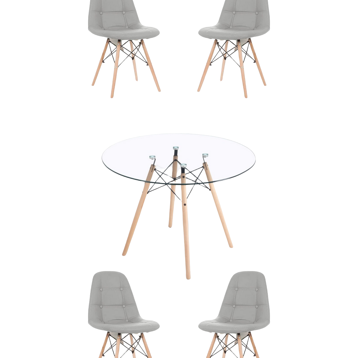 Comedor Mesa Redonda Vidrio Eames 120 cm + Sillas Buckle 7