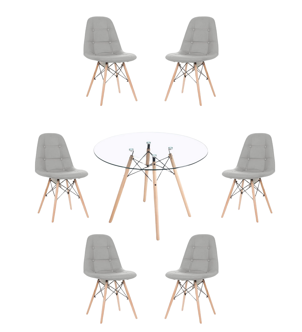 Comedor Mesa Redonda Vidrio Eames 120 cm + Sillas Buckle