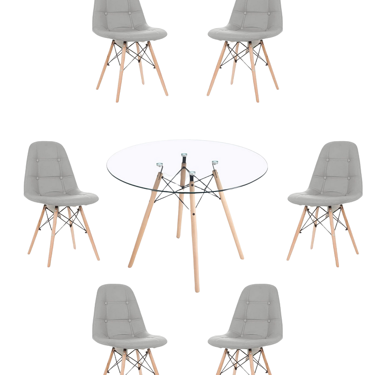 Comedor Mesa Redonda Vidrio Eames 120 cm + Sillas Buckle 8