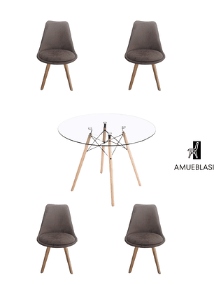 Comedor Mesa Redonda Vidrio Eames 120 cm + Sillas Tulip Velvet