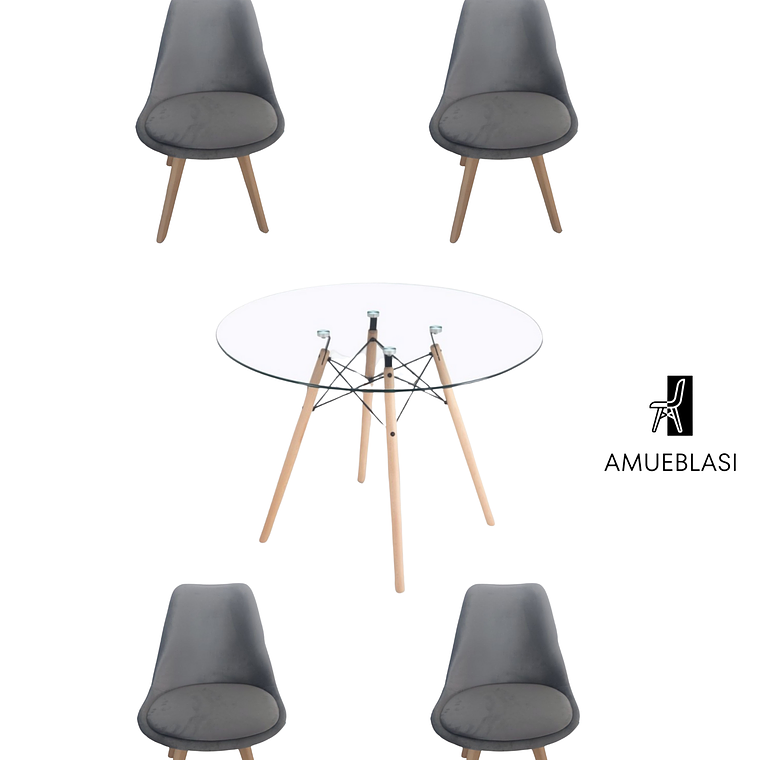 Comedor Mesa Redonda Vidrio Eames 120 cm + Sillas Tulip Velvet 5