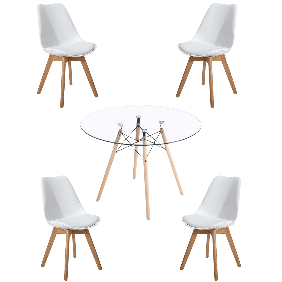 Comedor Mesa Redonda Vidrio Eames 120 cm + Sillas Tulip 1