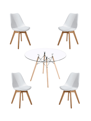 Comedor Mesa Redonda Vidrio Eames 120 cm + Sillas Tulip