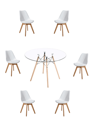 Comedor Mesa Redonda Vidrio Eames 120 cm + Sillas Tulip