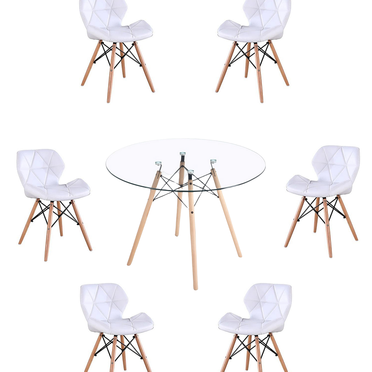 Comedor Mesa Redonda Vidrio Eames 120 cm + Sillas Radar 9