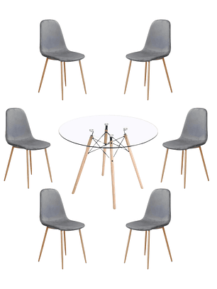 Comedor Mesa Redonda Vidrio Eames 120 cm + Sillas Scoop