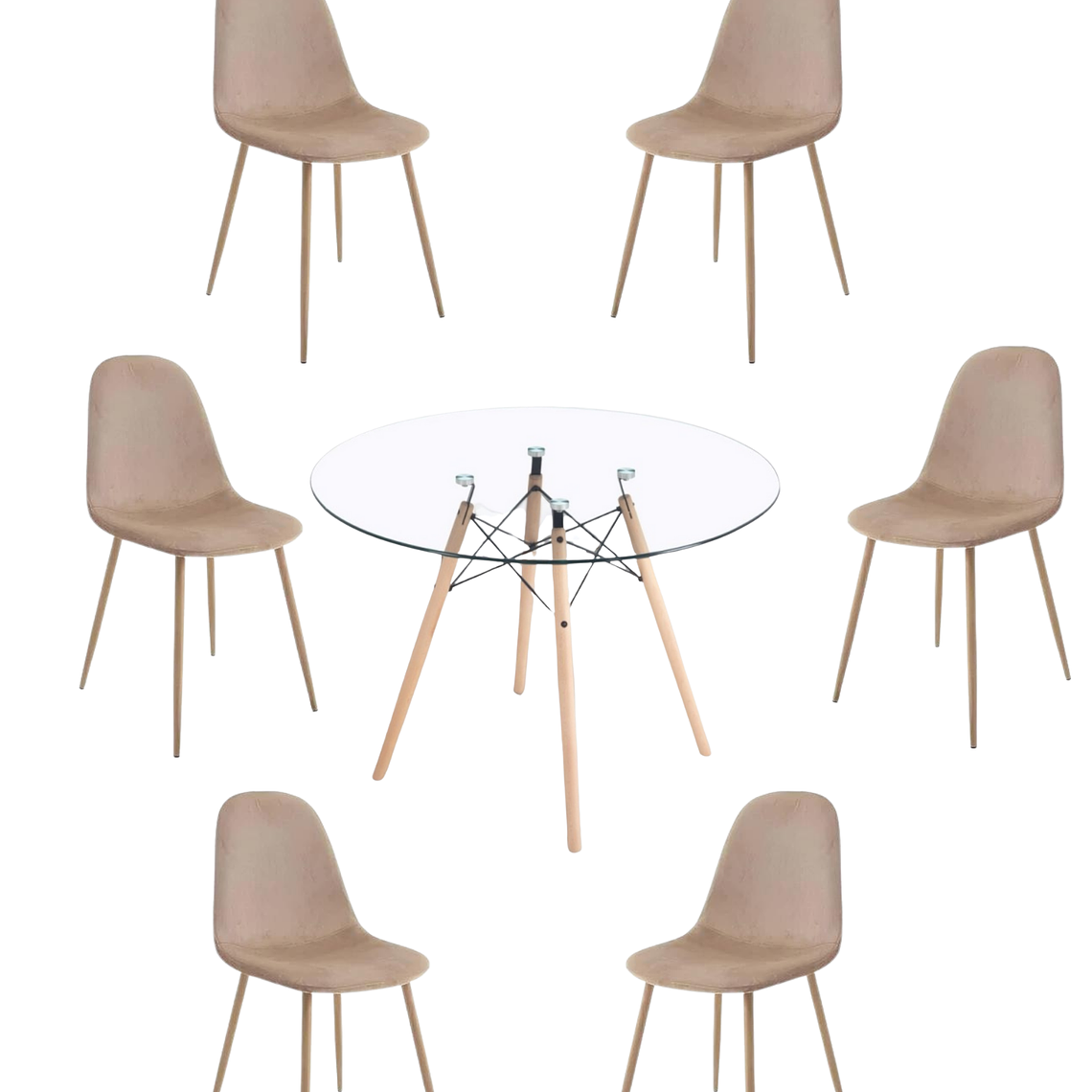 Comedor Mesa Redonda Vidrio Eames 120 cm + Sillas Scoop 8