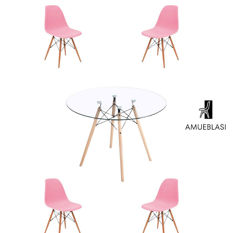 Comedor Mesa Redonda Vidrio Eames 120 cm + Sillas Eames 1