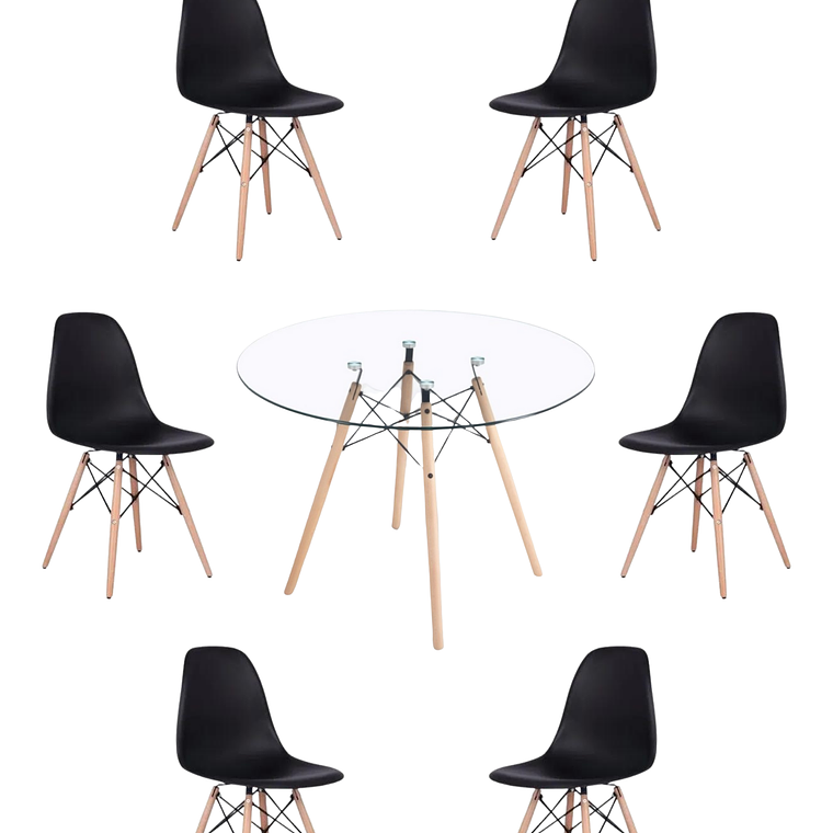 Comedor Mesa Redonda Vidrio Eames 120 cm + Sillas Eames 4