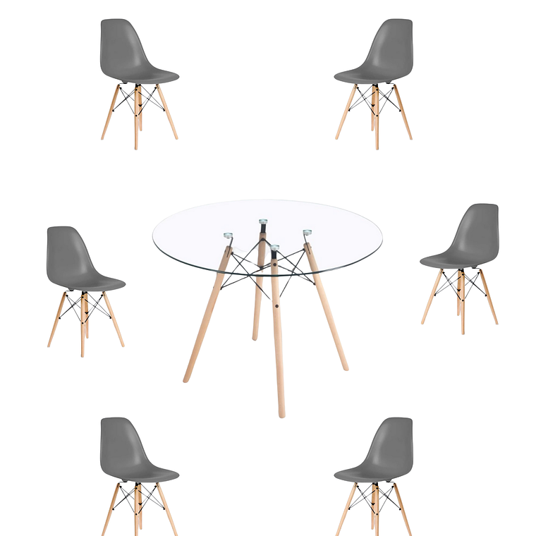 Comedor Mesa Redonda Vidrio Eames 120 cm + Sillas Eames 6