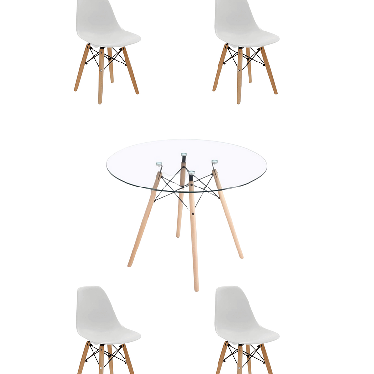 Comedor Mesa Redonda Vidrio Eames 120 cm + Sillas Eames 7