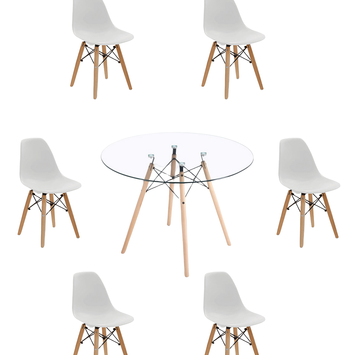 Comedor Mesa Redonda Vidrio Eames 120 cm + Sillas Eames 8
