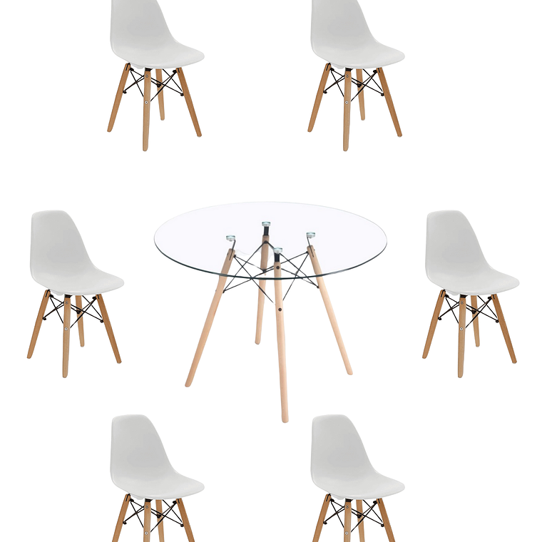 Comedor Mesa Redonda Vidrio Eames 120 cm + Sillas Eames 8