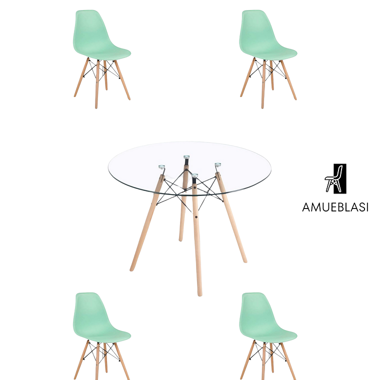 Comedor Mesa Redonda Vidrio Eames 120 cm + Sillas Eames 9