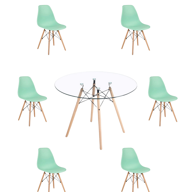 Comedor Mesa Redonda Vidrio Eames 120 cm + Sillas Eames 10