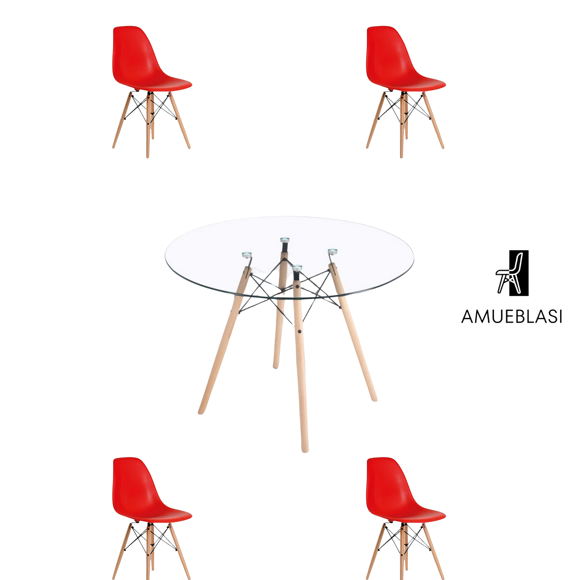 Comedor Mesa Redonda Vidrio Eames 120 cm + Sillas Eames 11