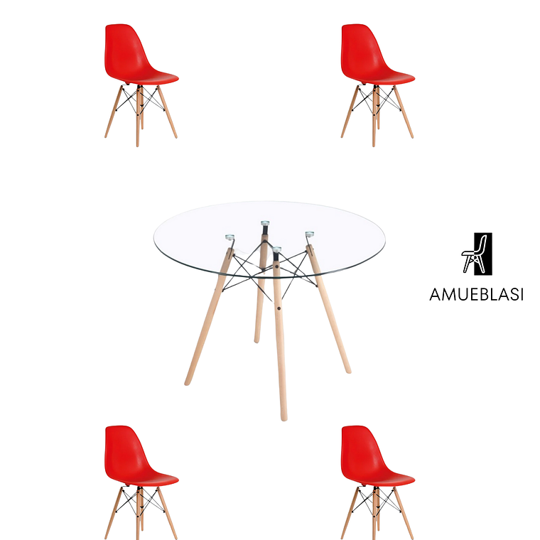 Comedor Mesa Redonda Vidrio Eames 120 cm + Sillas Eames 11