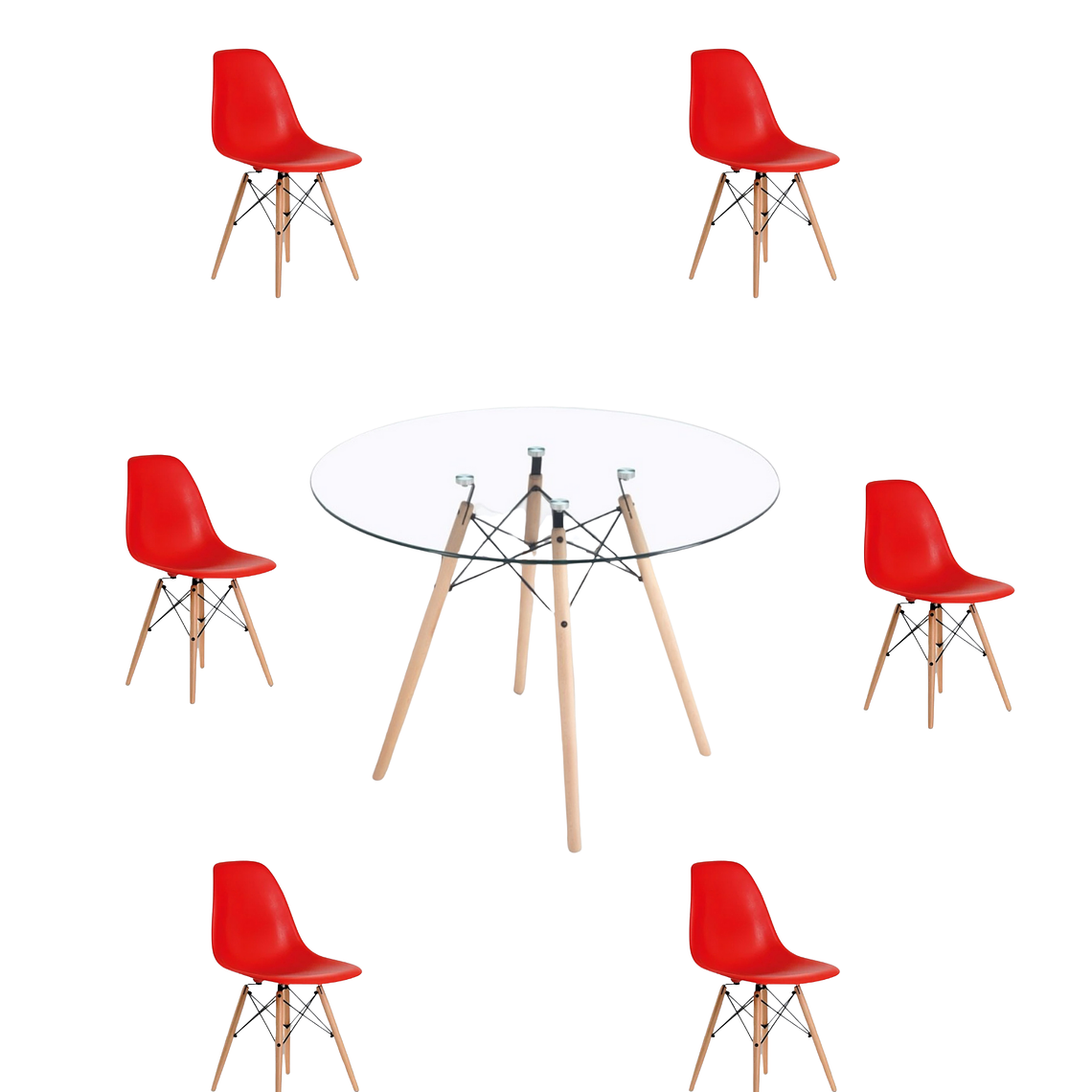 Comedor Mesa Redonda Vidrio Eames 120 cm + Sillas Eames 12