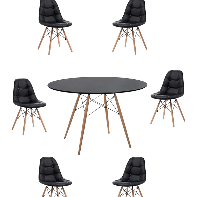 Comedor Mesa Redonda Melamina Eames Negra 120 cm + Sillas Buckle 5