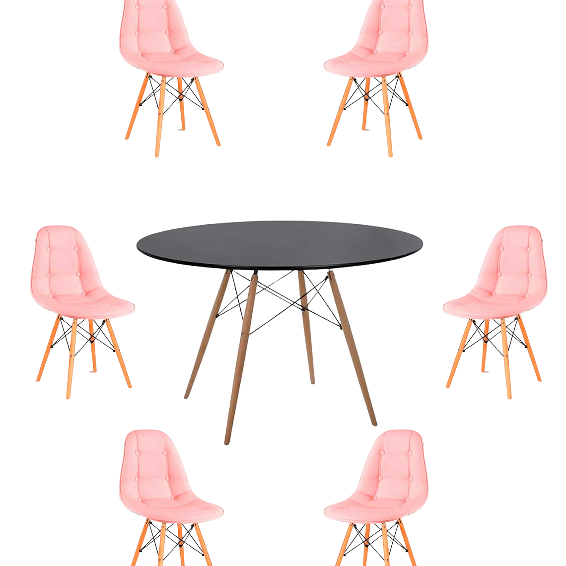 Comedor Mesa Redonda Melamina Eames Negra 120 cm + Sillas Buckle 7