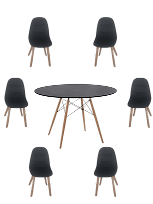 Comedor Mesa Redonda Melamina Eames Negra 120 cm  + Sillas Capitone