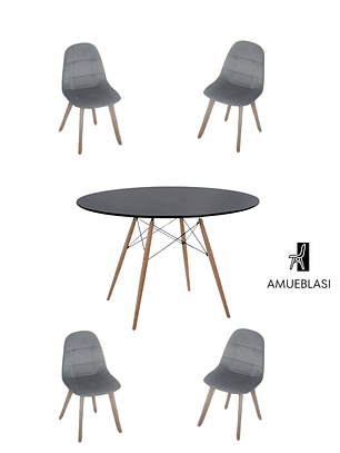 Comedor Mesa Redonda Melamina Eames Negra 120 cm  + Sillas Capitone