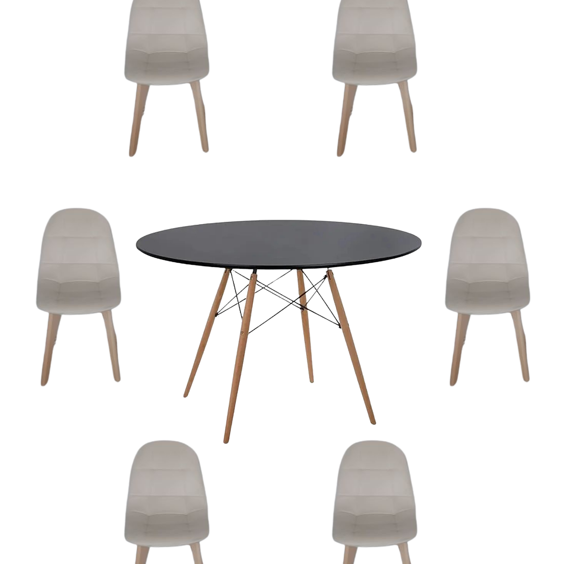 Comedor Mesa Redonda Melamina Eames Negra 120 cm  + Sillas Capitone 5