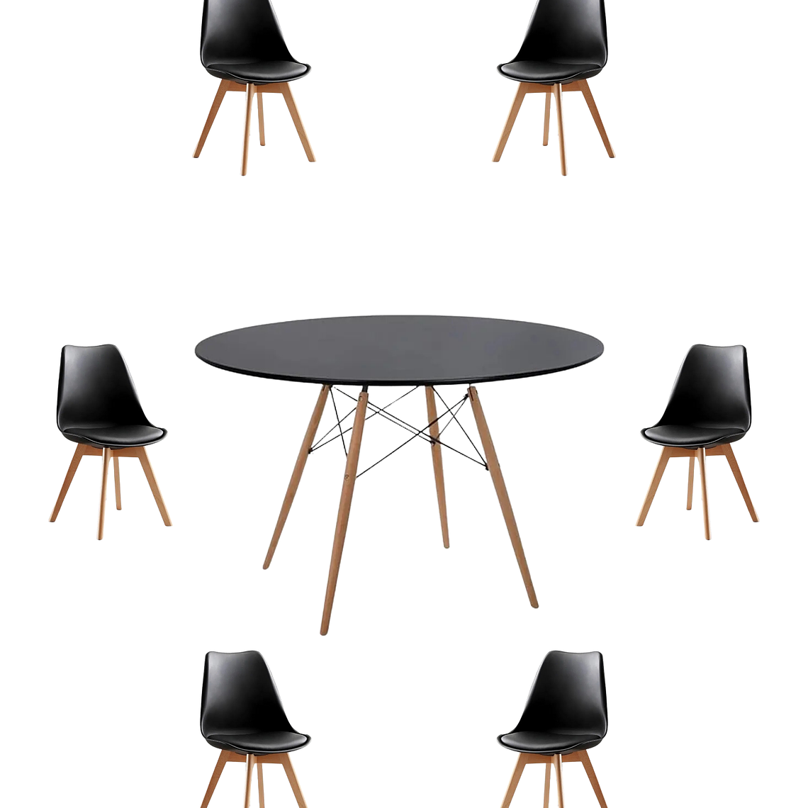 Comedor Mesa Redonda Melamina Eames Negra 120 cm + Sillas Tulip 2