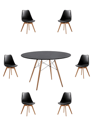 Comedor Mesa Redonda Melamina Eames Negra 120 cm + Sillas Tulip