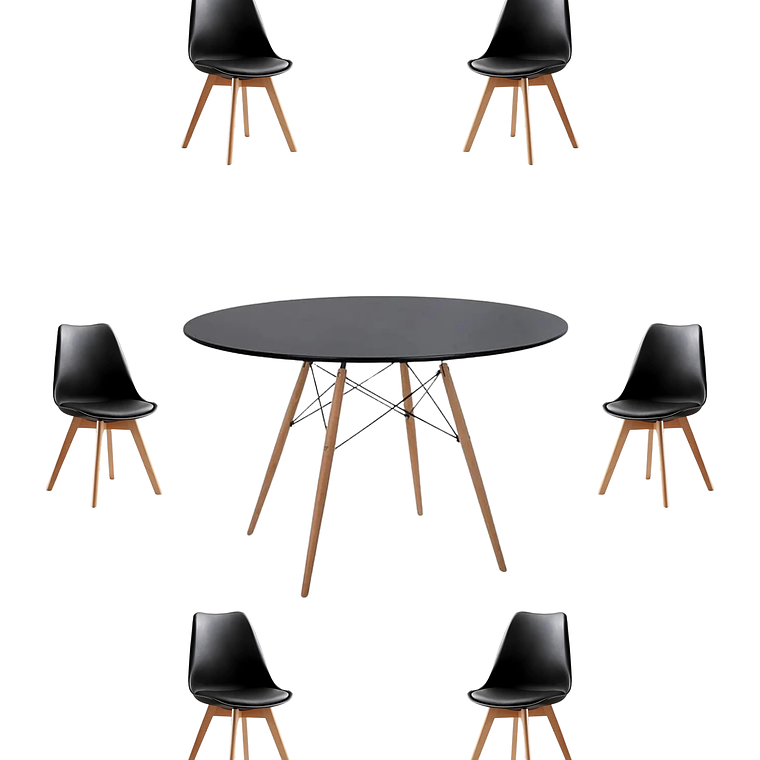Comedor Mesa Redonda Melamina Eames Negra 120 cm + Sillas Tulip 2