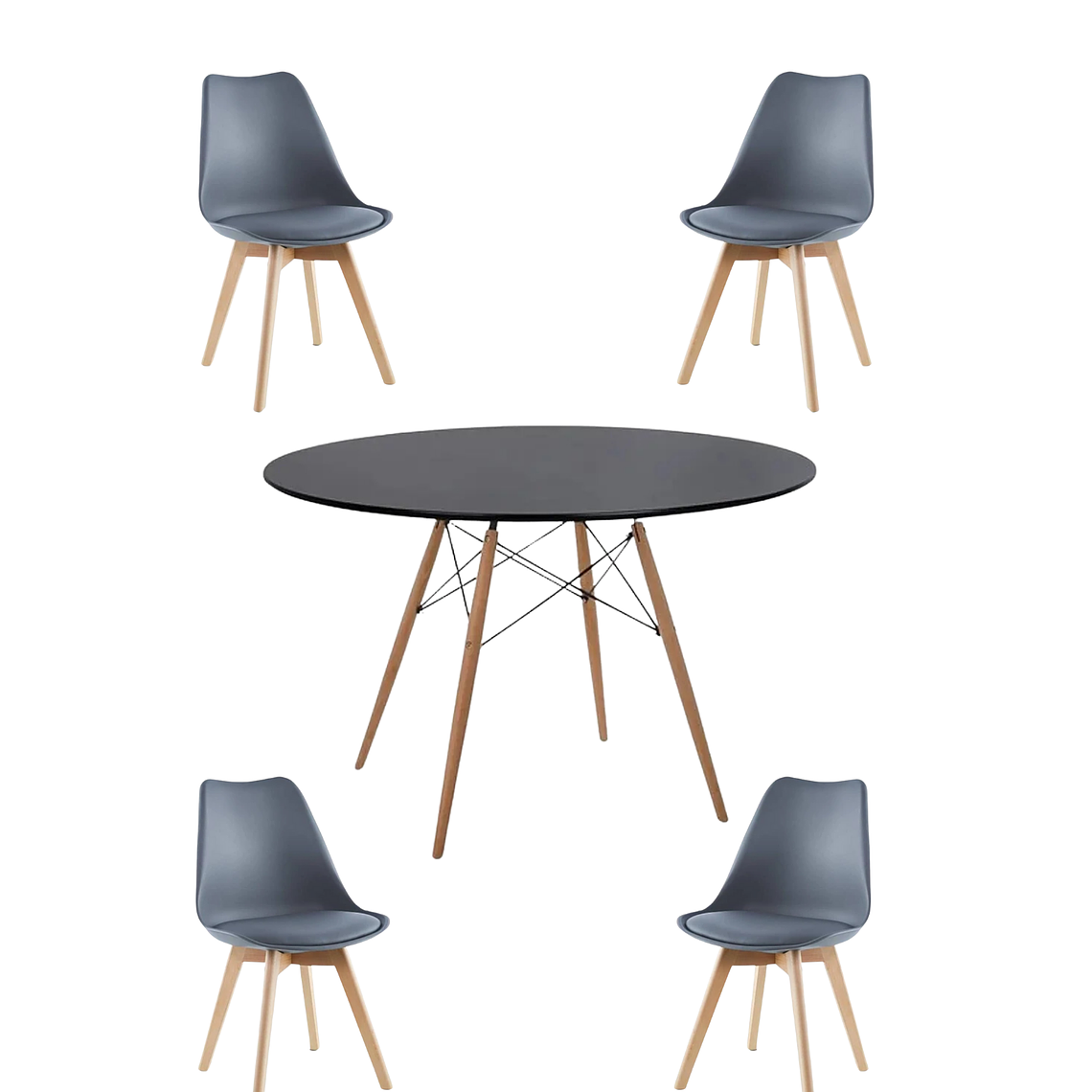 Comedor Mesa Redonda Melamina Eames Negra 120 cm + Sillas Tulip 3