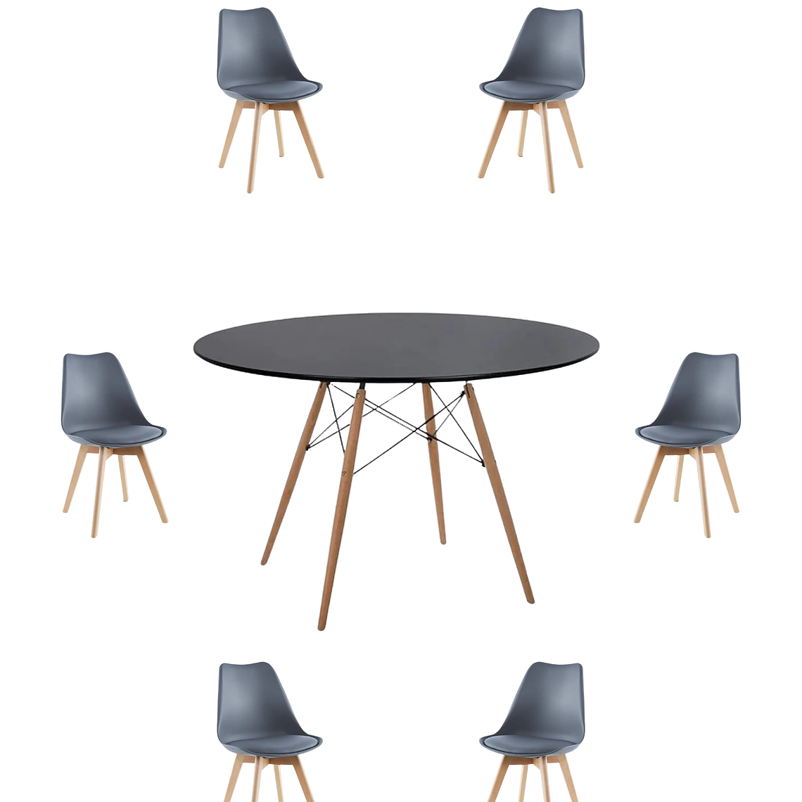 Comedor Mesa Redonda Melamina Eames Negra 120 cm + Sillas Tulip 4