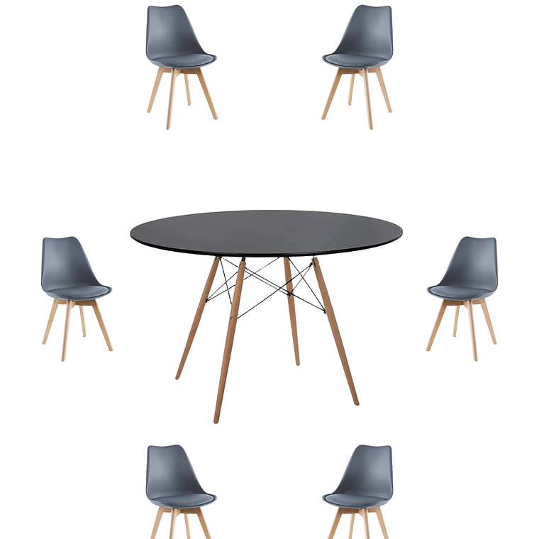 Comedor Mesa Redonda Melamina Eames Negra 120 cm + Sillas Tulip 4