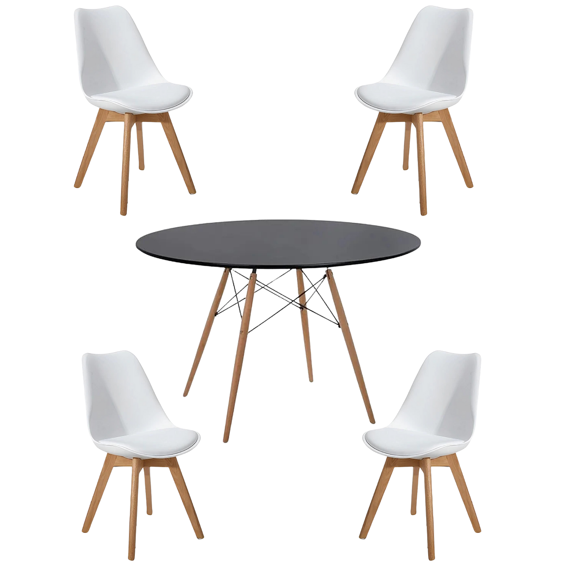 Comedor Mesa Redonda Melamina Eames Negra 120 cm + Sillas Tulip 1