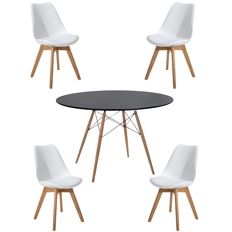Comedor Mesa Redonda Melamina Eames Negra 120 cm + Sillas Tulip 1